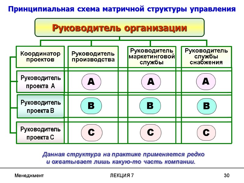 Менеджмент ЛЕКЦИЯ 7 30 Руководитель организации Координатор проектов Руководитель производства Руководитель проекта  А